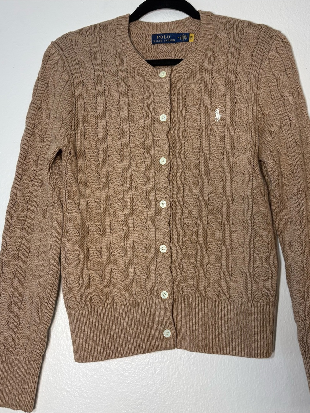 Authentic Polo Ralph Lauren Cable Knit Camel 100% Cotton Cardigan